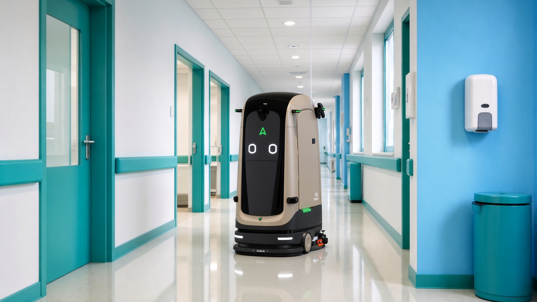 Narrow hallway floor robot in a bright clinic corridor