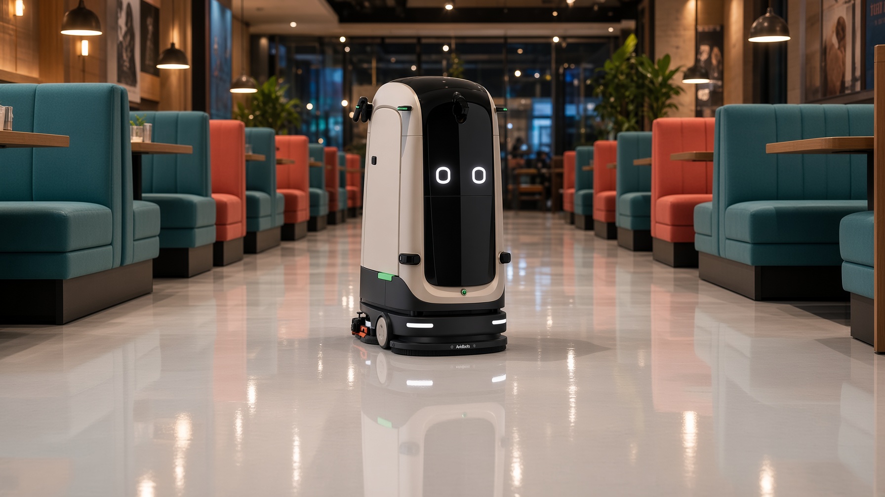 Restaurant dining room after close with a narrow hallway floor robot
