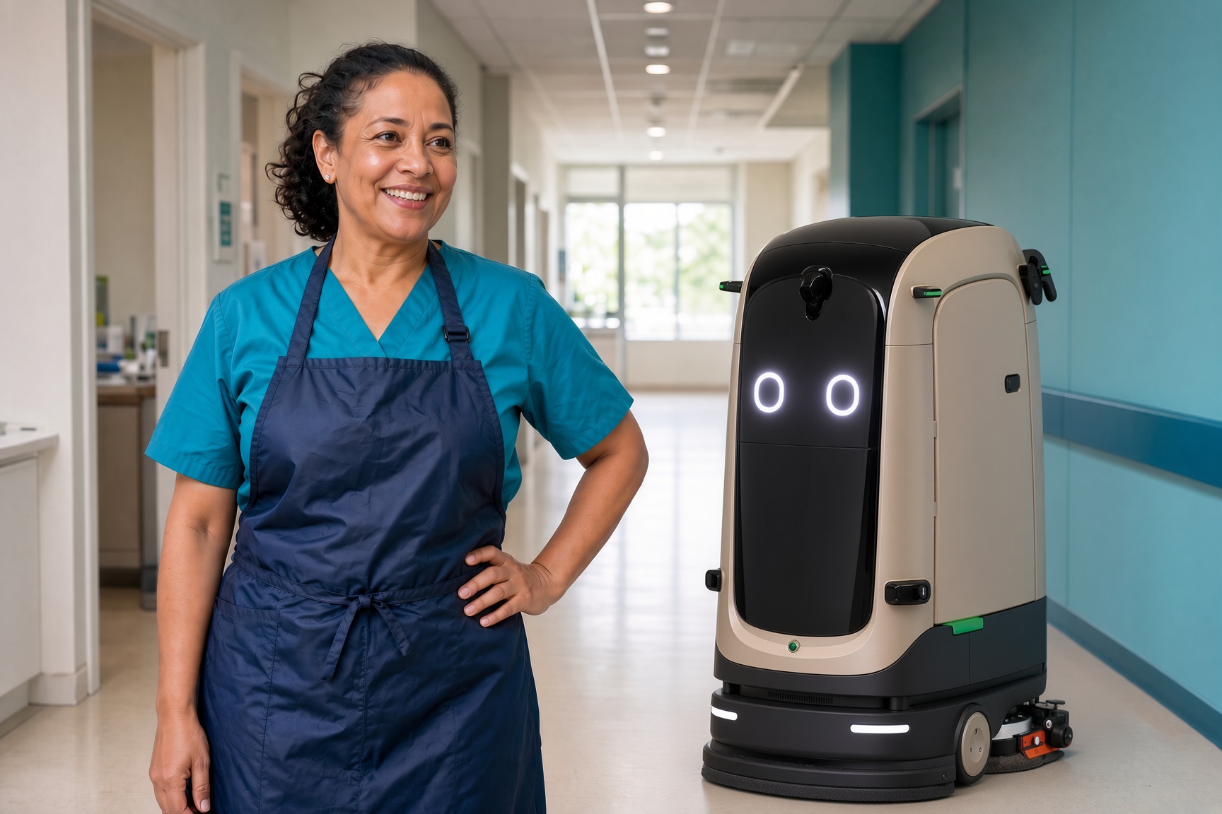 Hospital environmental services supervisor in teal scrubs standing beside a narrow hallway floor robot