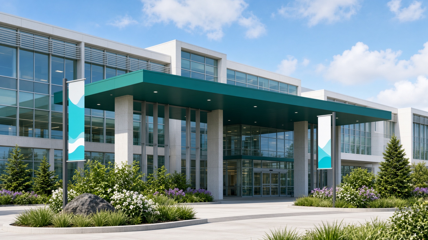 Bright hospital entrance with a teal canopy and landscaped approach