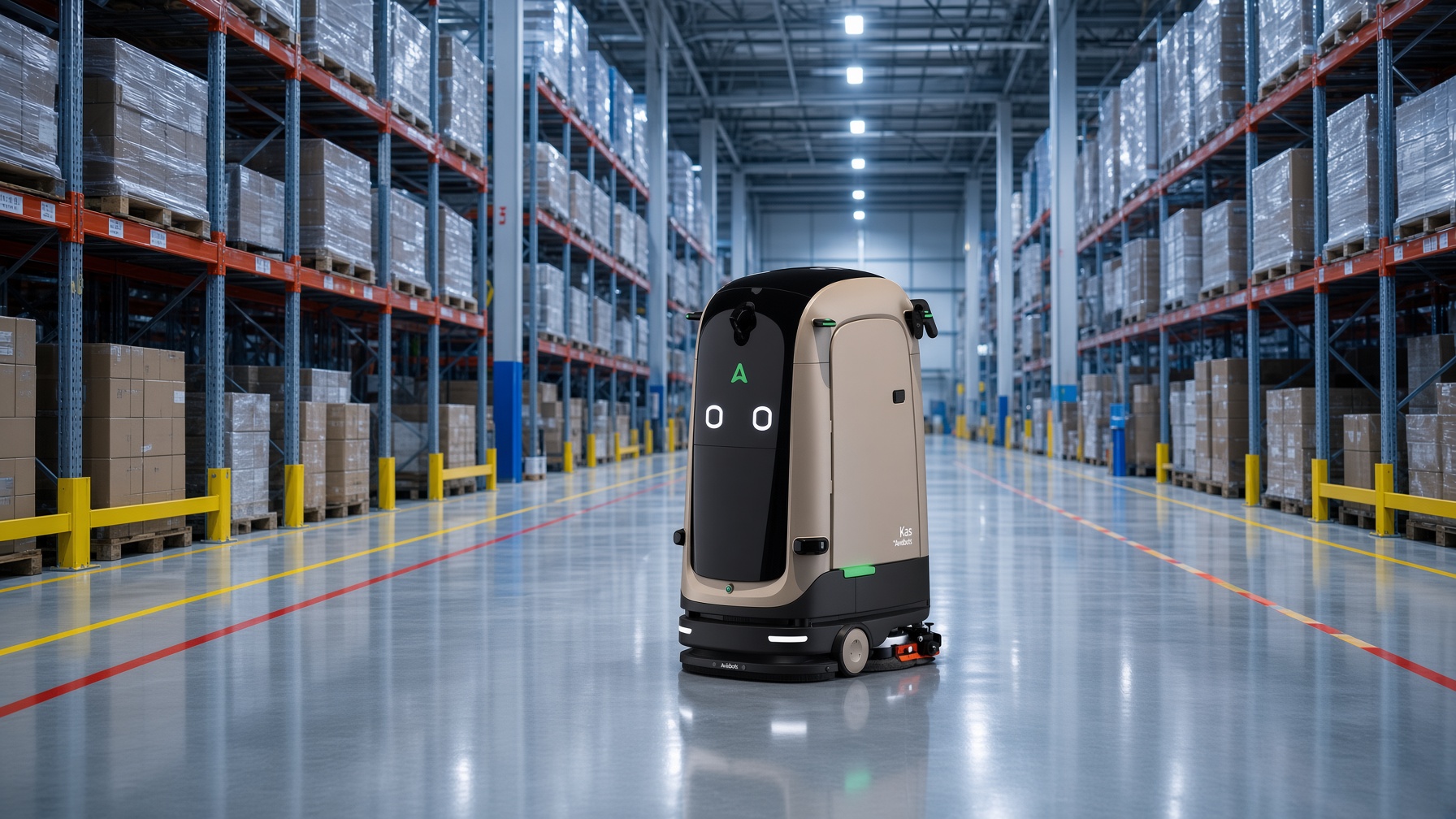 Warehouse aisle with a narrow autonomous floor robot on polished concrete
